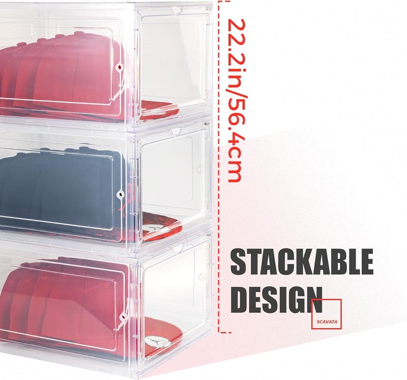 SCAVATA 6 Pack Hat Organizer Box, Stackable Clear Baseball Caps Holder Box Containers with Magnetic Door for Hats Snapback Cap Storag, Hat Rack Display Case, Holds 8 Hats Each (Clear) - Image 3
